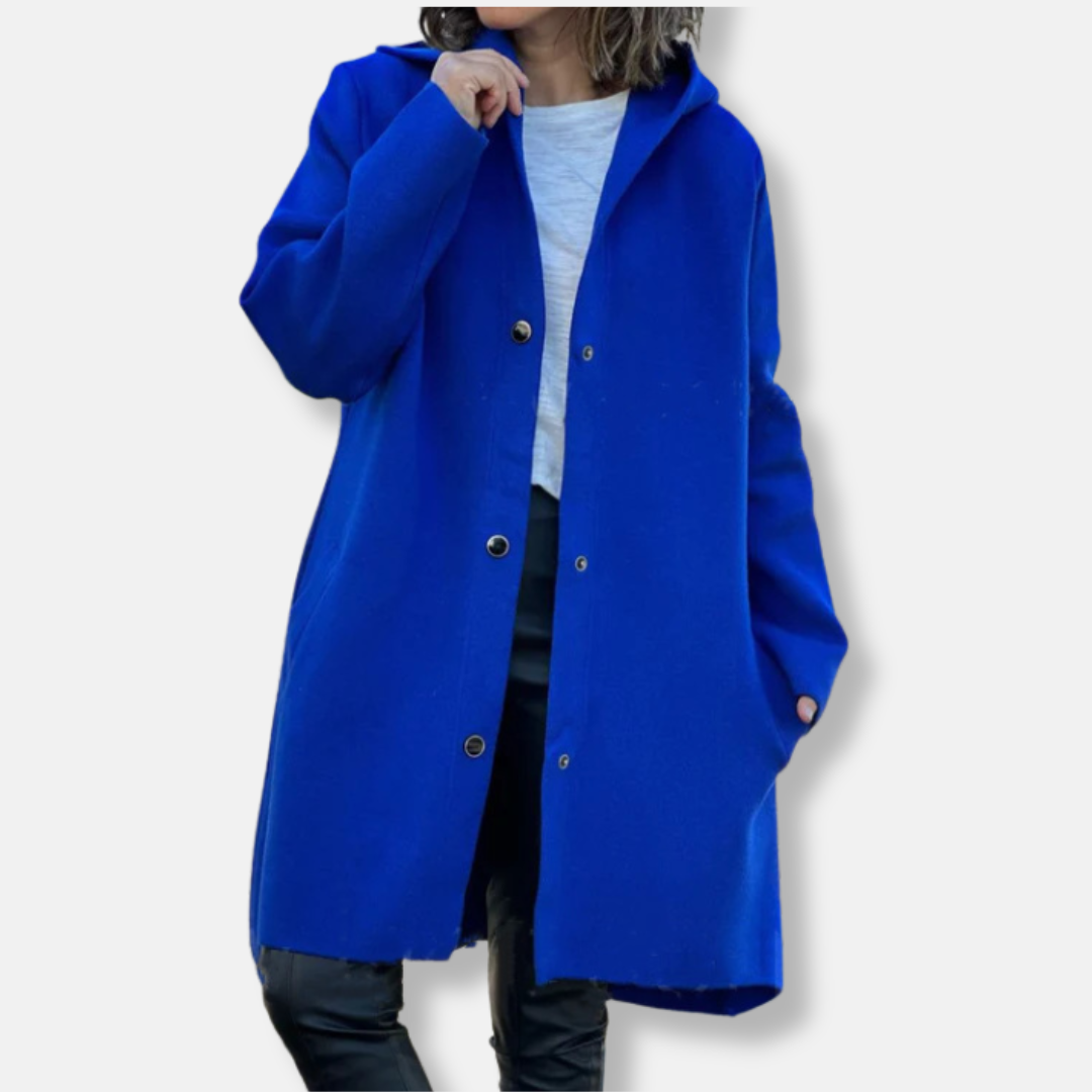 Women’s Coat - Wool - Hooded Neckline - Snap Button Closure - Mid-Thigh Length