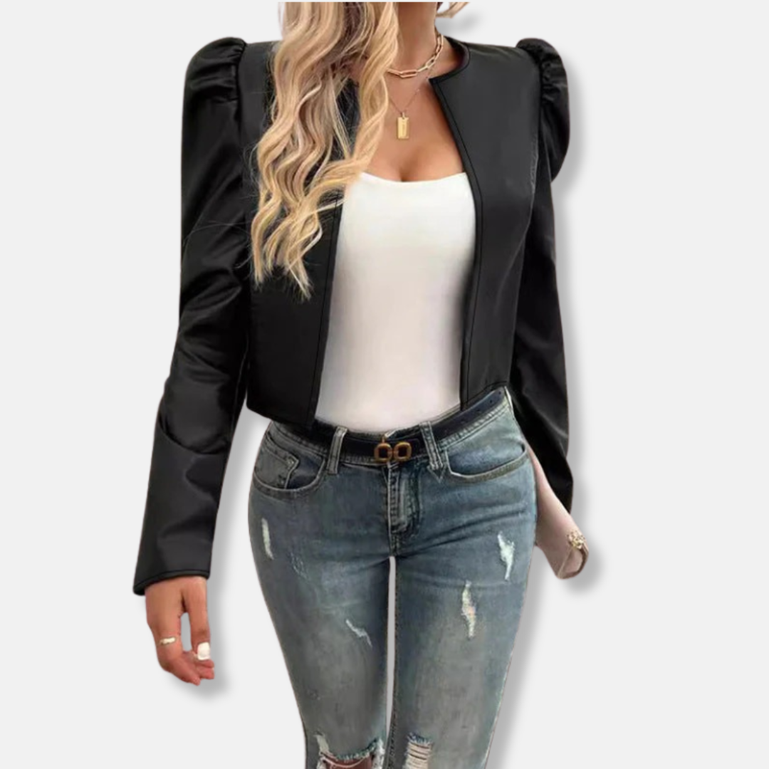 Women’s Jacket - Faux Leather - Cropped Length - Puff Sleeve - Collarless Open Front
