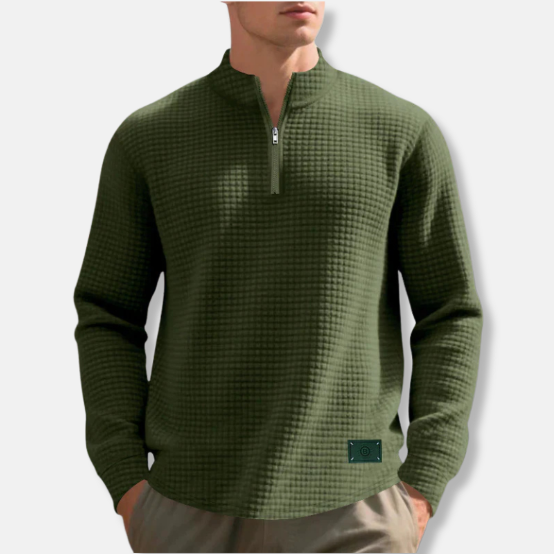 Men's Waffle Knit Regular Fit Mock Neck Quarter Zip Sweater For Cold Weather By TrendAura