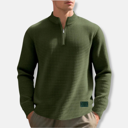 Men's Waffle Knit Regular Fit Mock Neck Quarter Zip Sweater For Cold Weather By TrendAura