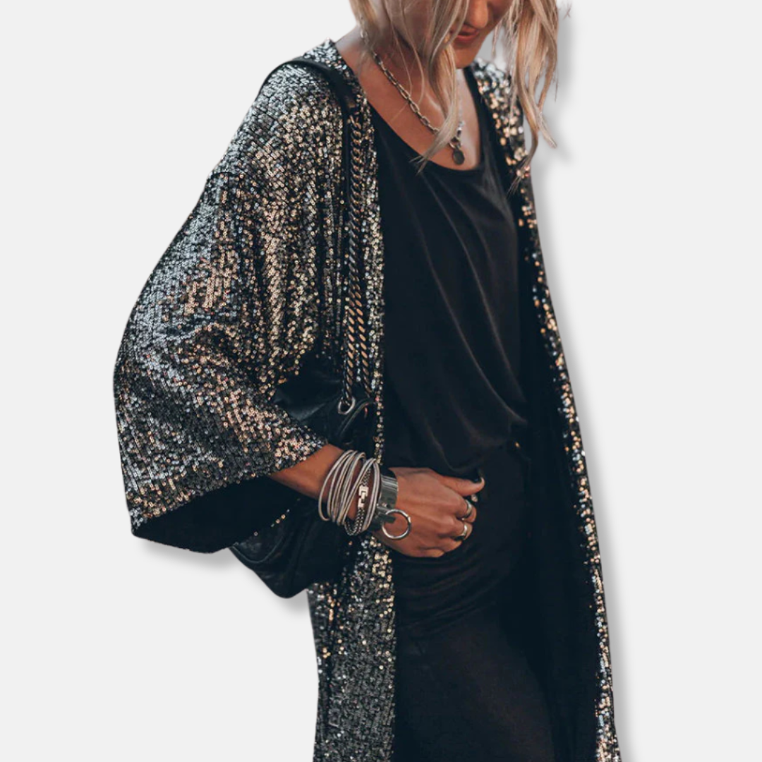 Women’s Duster Cardigan – Sequin Embellished – Loose Fit – Open Front – 3/4 Sleeve