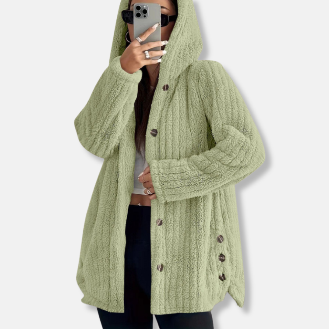 Women’s Plush Coat – Hooded Loose Fit – Button Front – Soft Textured Mid-Length