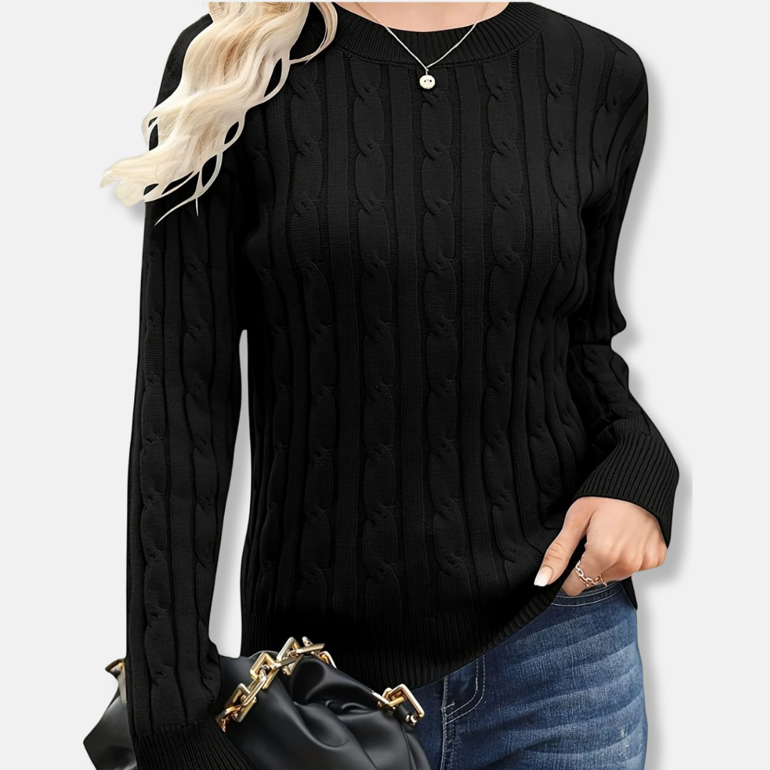 Women’s Sweater - Fine Gauge Knit - Crew Neck - Long Sleeve - Cable Knit Pattern