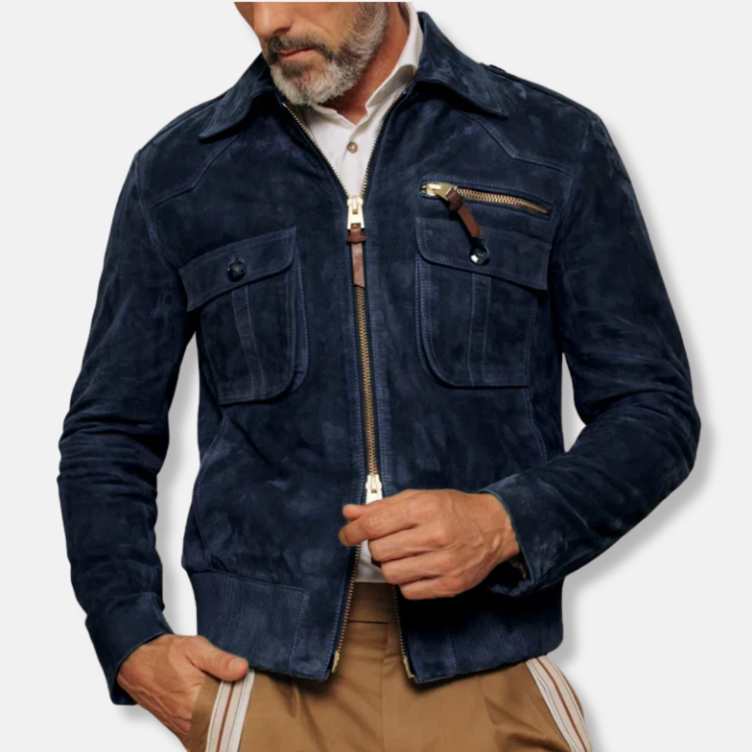 Men's Suede Texture Bomber Jacket Slim Fit With Two Way Zipper Chest Pockets Nordisk Flair