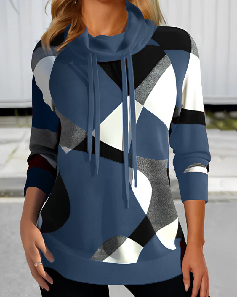 Women’s Hooded Pullover – Relaxed Fit – Soft Knit – Long Sleeve – Geometric Pattern