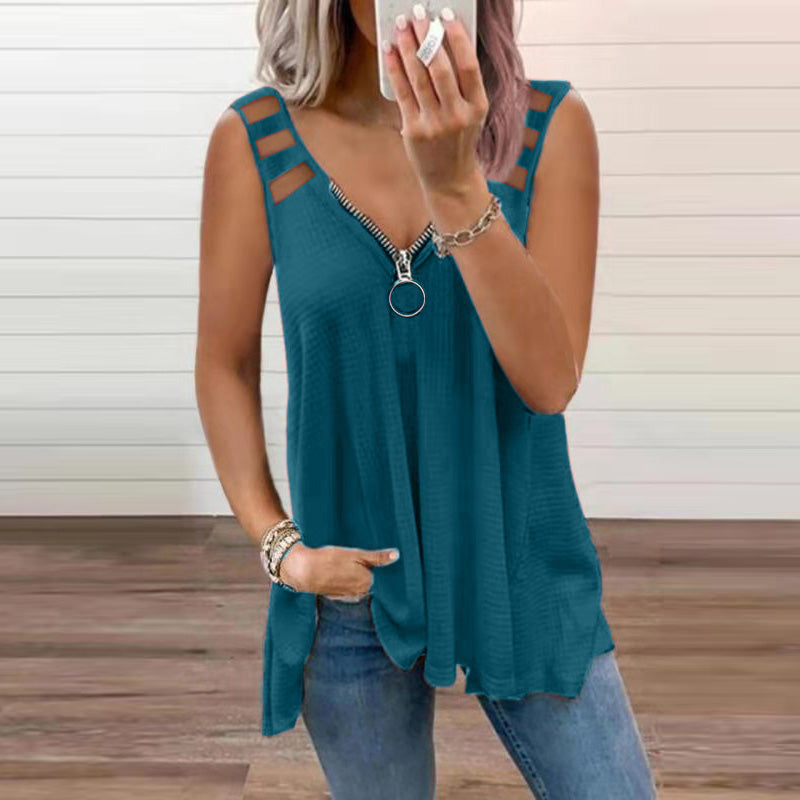Lavinia Sleeveless Blouse For Women With Shoulder Cutouts And Crossed Straps Soft Textured Fabric All Day Comfort