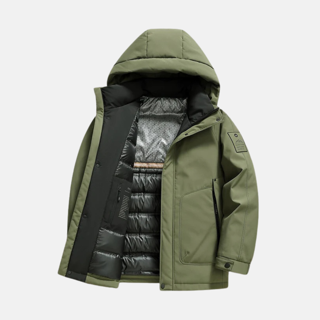 Mens Hooded Stand Collar Woven Blend Coat With Hip Length And Snap Cuffs For Winter
