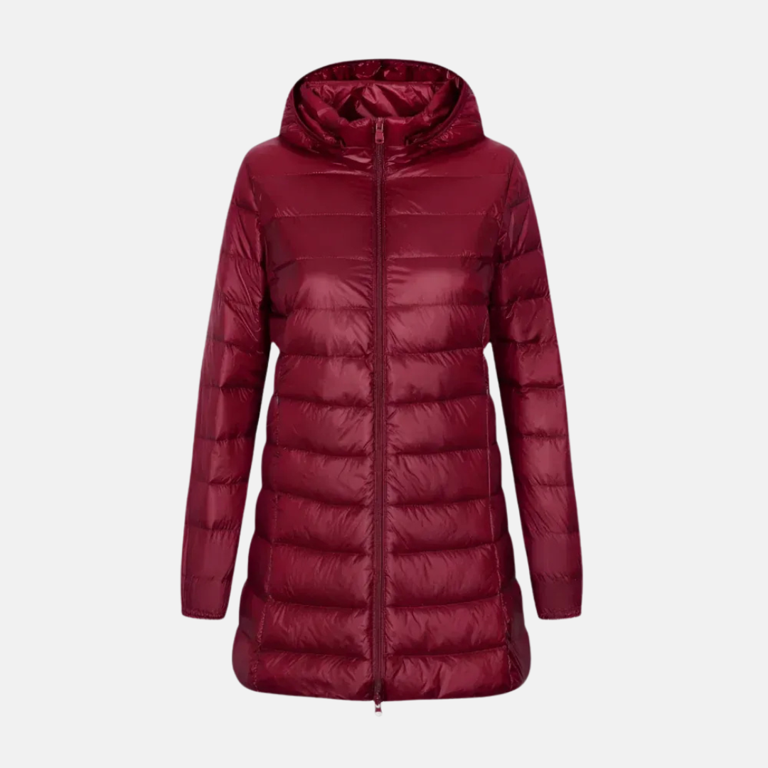 Women’s Down Jacket – Fitted Mid-Thigh Length – Quilted – Hooded – Water-Resistant
