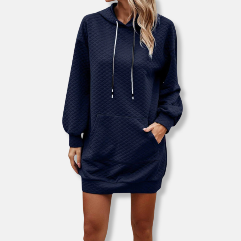 Women’s Hooded Mini Dress – Quilted Diamond Texture – Oversized Fit – Long Sleeve Pocket