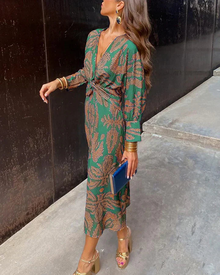 Women's Maxi Dress – V-neck with Knot Detail – Long-sleeved – Light and Flowing Fit