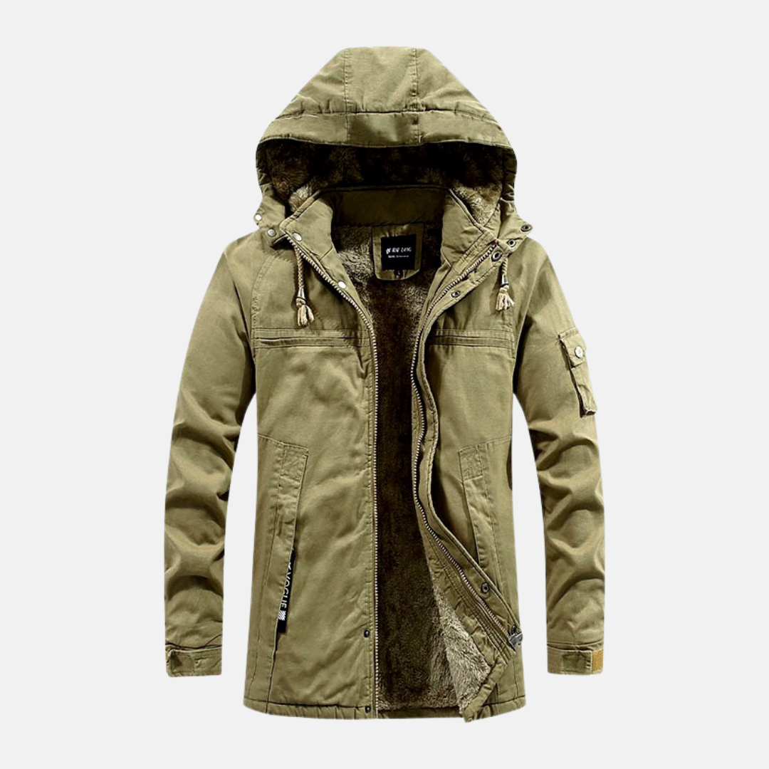 TrendAura Mens Mid Length Slim Fit Jacket With Heavy Lined Hooded And Utility Pockets Cotton Blend