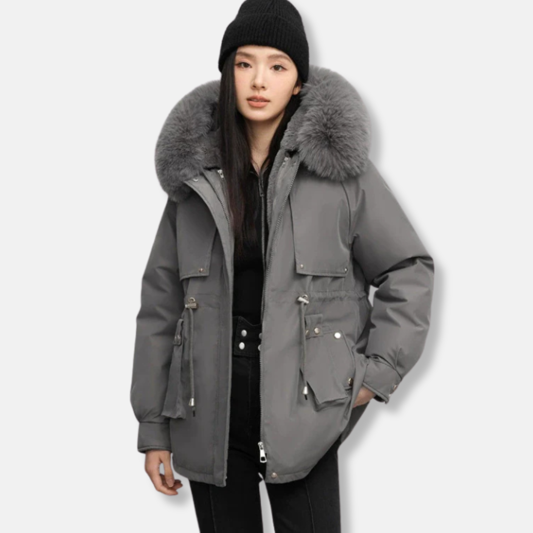 Women’s Parka Jacket – Weather-Resistant – Drawstring Waist – Faux Fur Collar – Mid-Thigh
