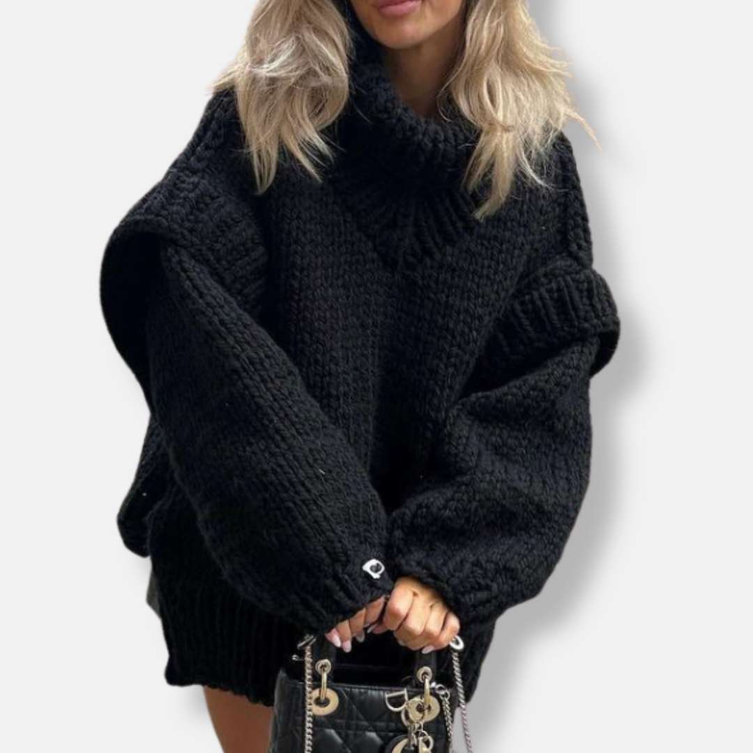 Women’s Pullover Sweatshirt – Chunky Knit Wool – Oversized Fit – Turtleneck Ribbed Cuffs