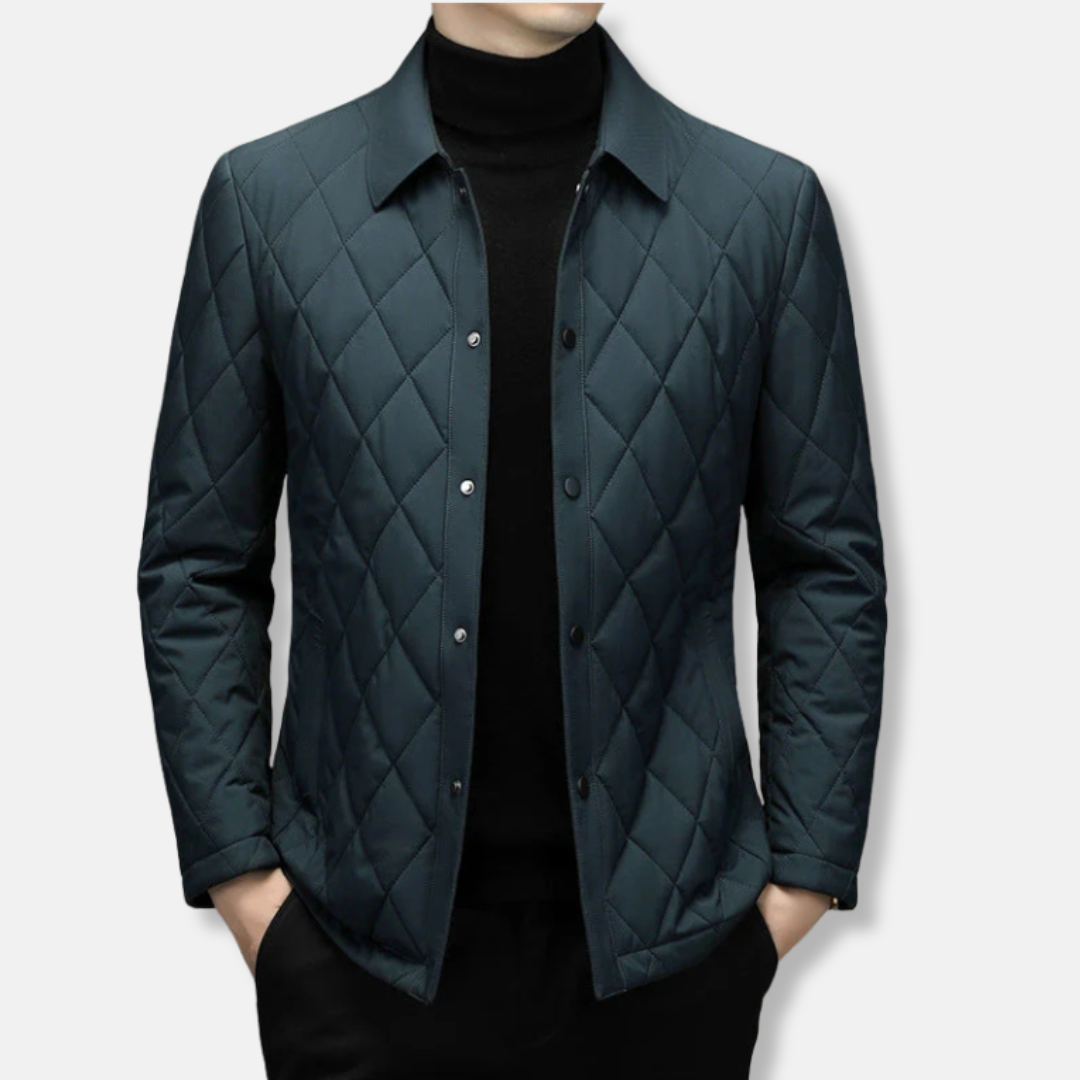 Men's Quilted Jacket Diamond Pattern Regular Fit Snap Button Hip Length Navy Outerwear