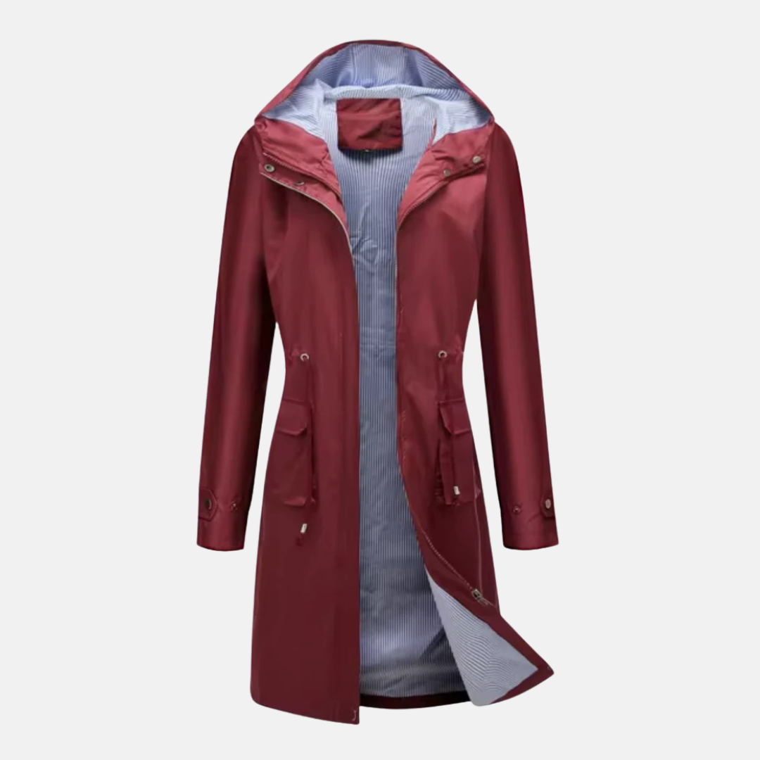 Women’s Long Hooded Jacket – Water-Resistant – Adjustable Waist – Zip Front – Flap Pockets