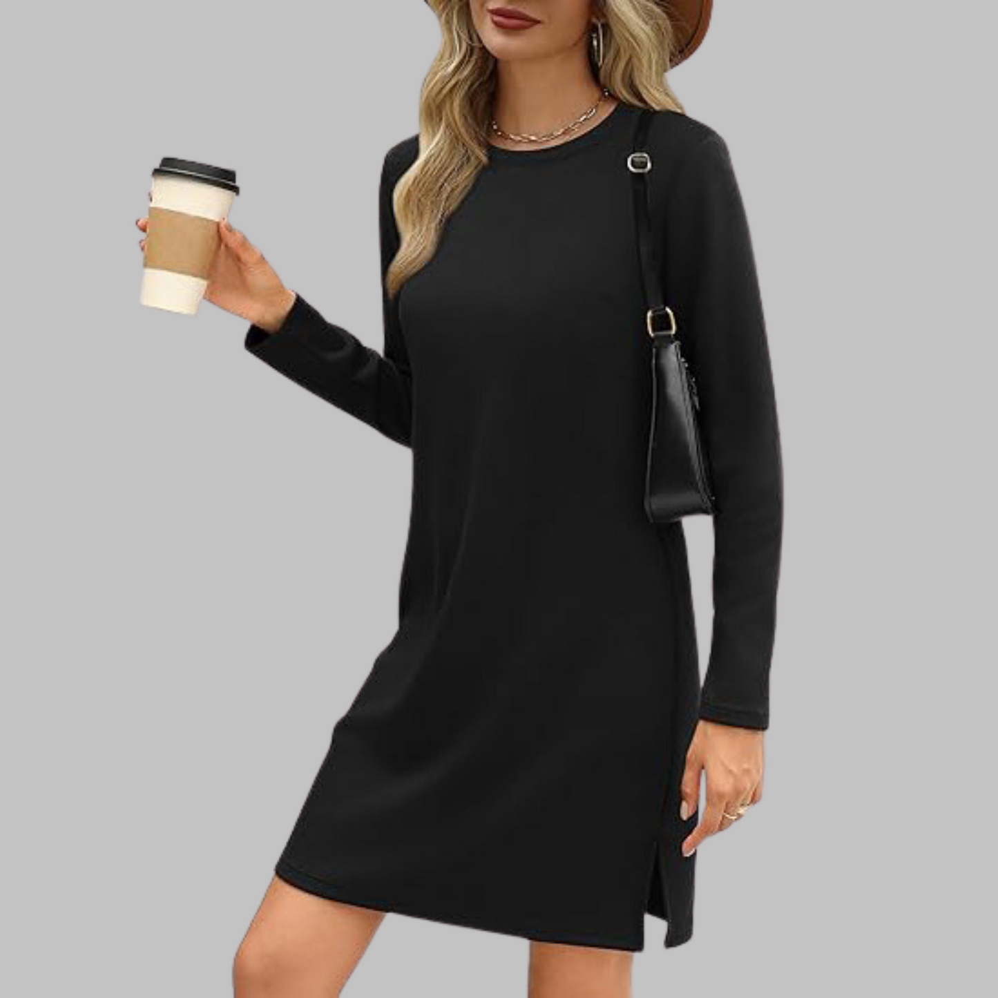 Women's Long Sleeve Round Neck Dress with Relaxed Fit and Versatile Style