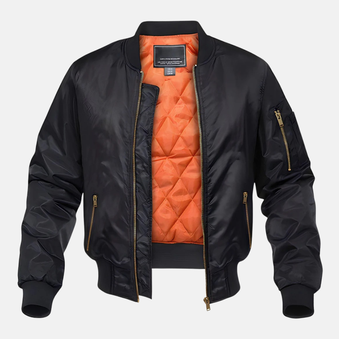 Men's Bomber Jacket With Quilted Lining Zippered Utility Pockets And Ribbed Trim