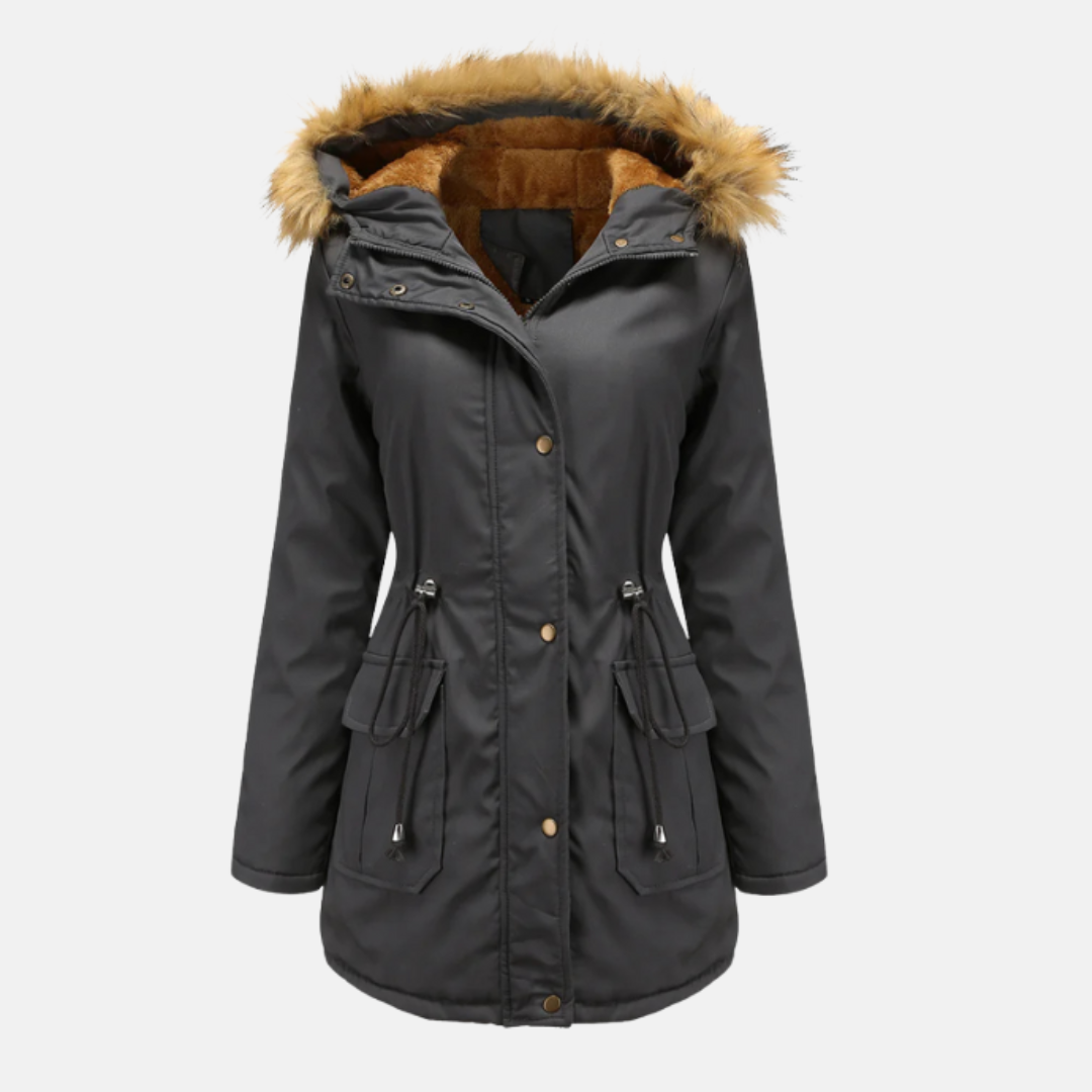 Women’s Parka Jacket – Fleece Lined – Faux Fur Hood – Adjustable Waist – Mid-Thigh Length