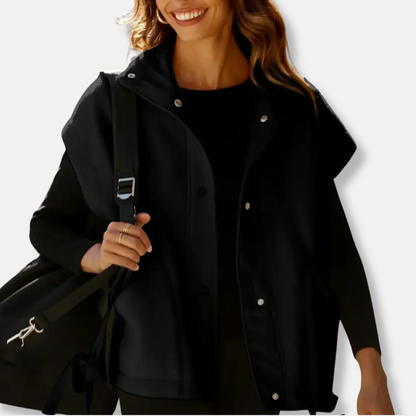 Women’s Vest - Plush Fleece Knit - Oversized Relaxed Fit - Stand-Up Collar - Snap Button Closure