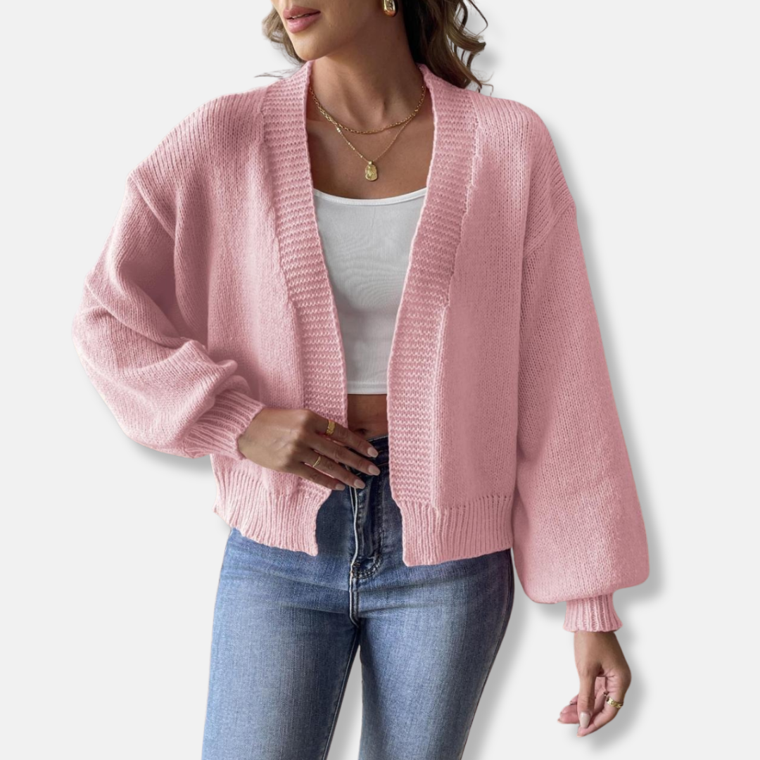 Women’s Cardigan - Knit Blend - Relaxed Fit - Cropped Length - Lantern Sleeves