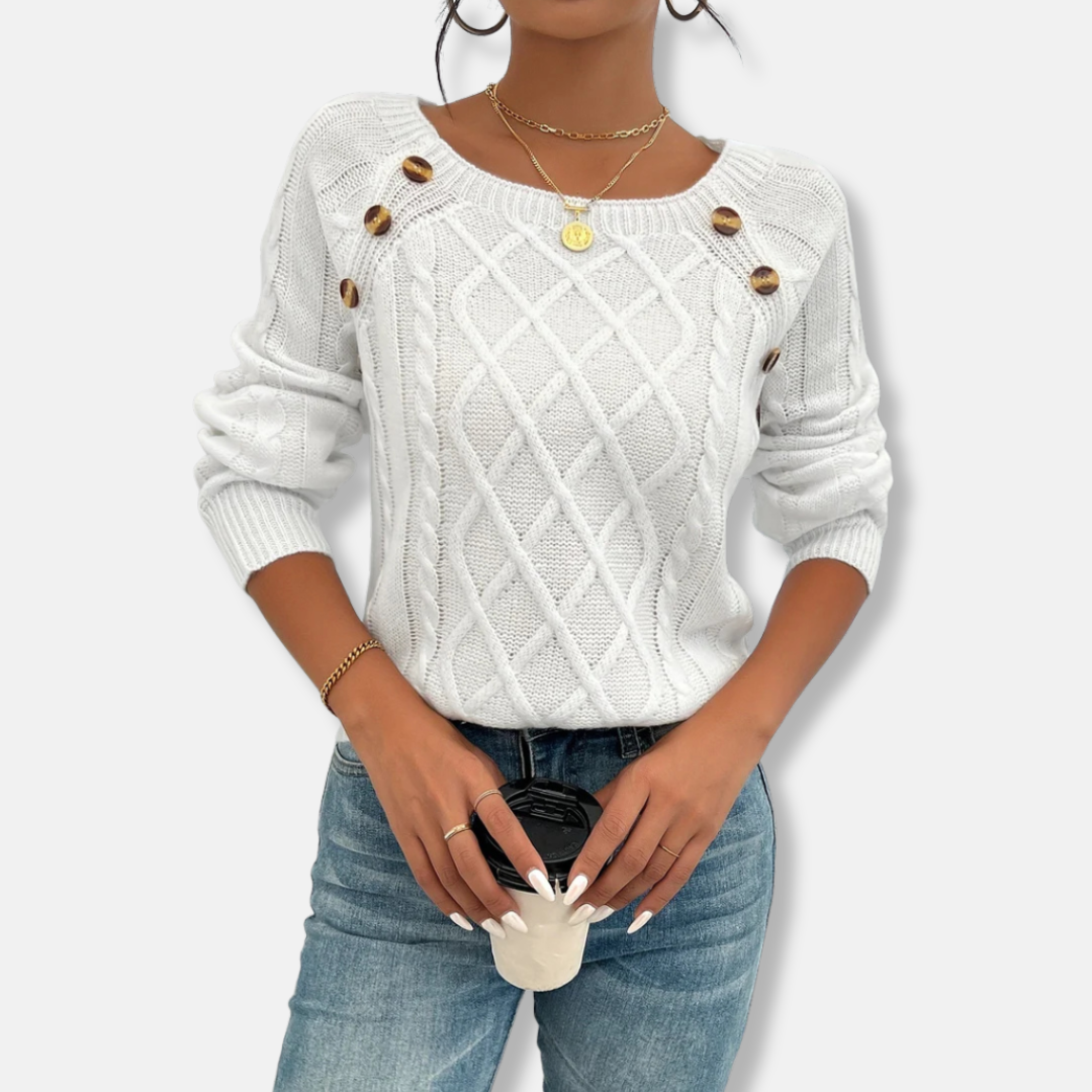 Women’s Knit Top – Relaxed Fit – Cable Knit – Dropped Shoulder – Button Accent – Ribbed Cuffs