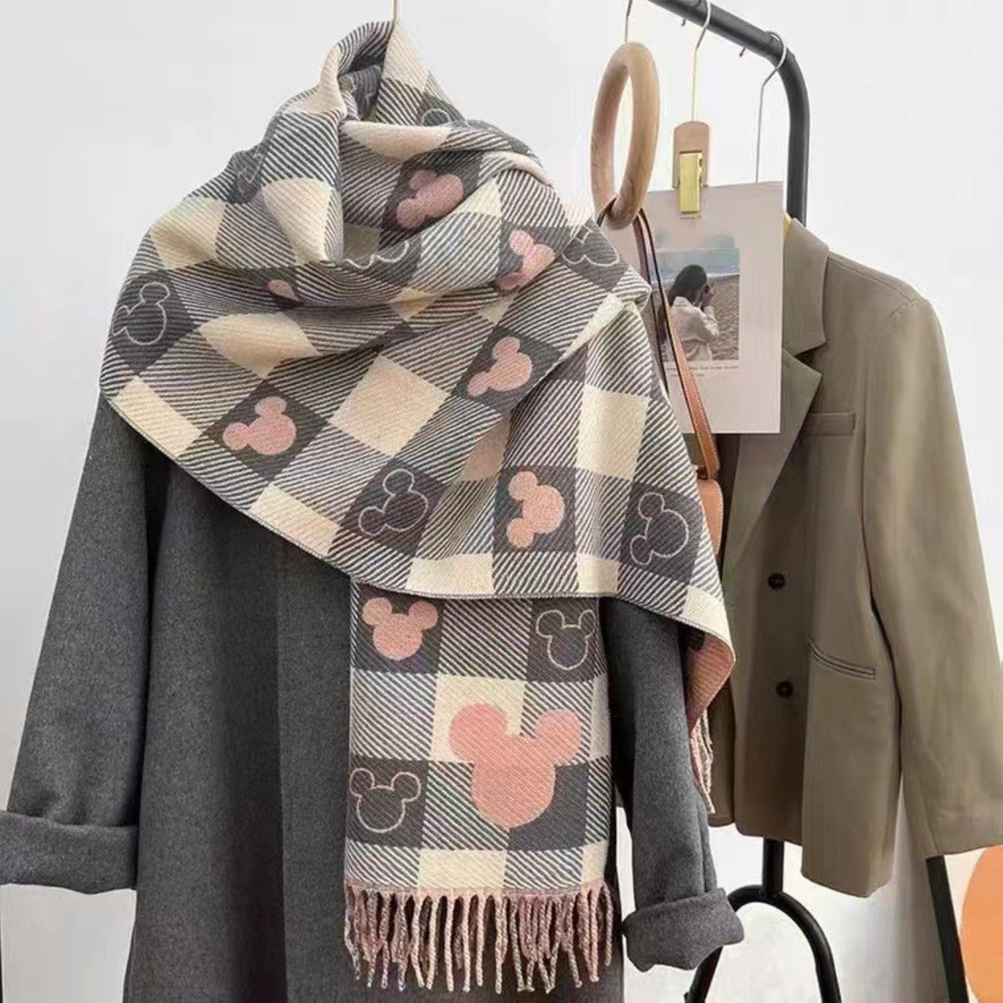 Women's Warm Plaid Scarf with Double-Sided Design and Tassels - TrendAura