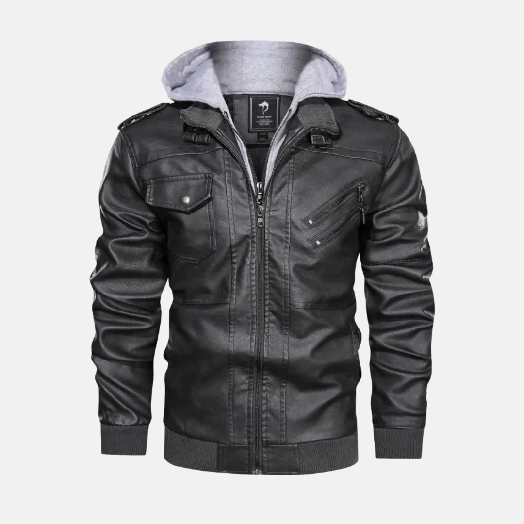 Mens Leather Jacket With Detachable Hood Stand Collar Zipper Front Structured Fit Casual Outerwear