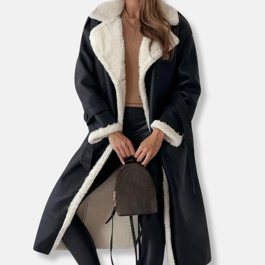 Women’s Long Double-Breasted Coat – Oversized Fit – Plush Lined Collar & Cuffs – Tie Belt
