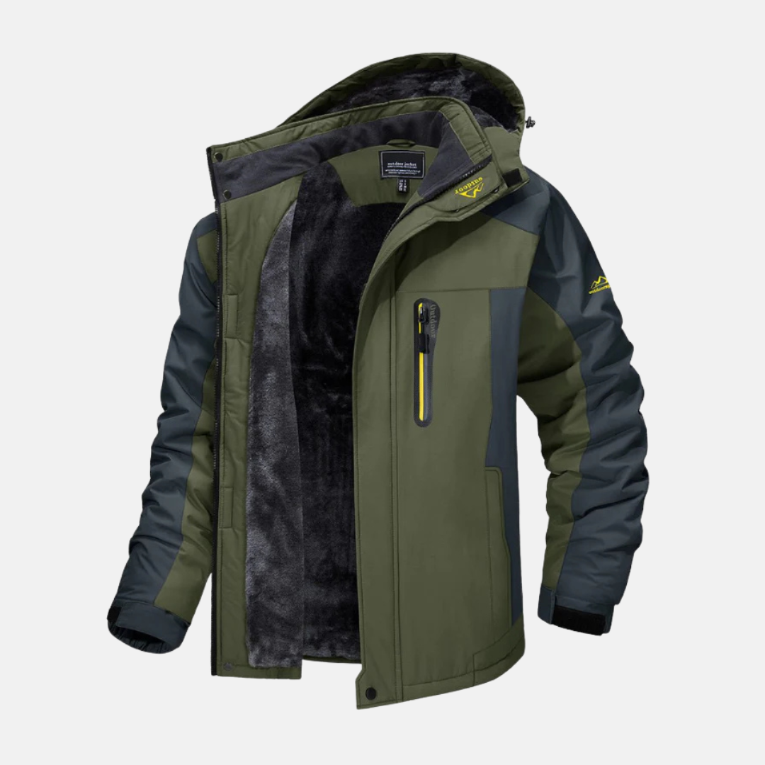 Men's Woven Hip Length Jacket With High Stand Collar And Adjustable Cuffs Fleece Lined