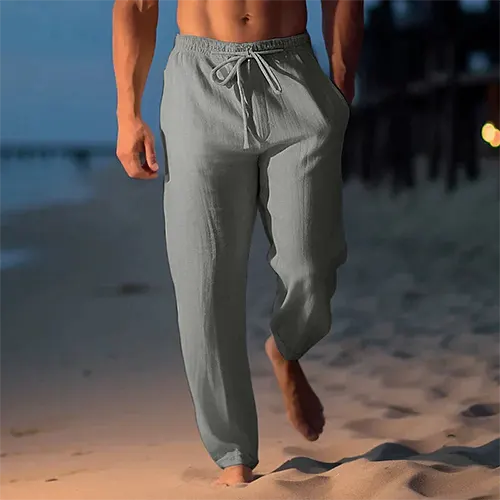 Effo Mens Linen Pants Lightweight Breathable Straight Leg Mid Rise Travel Essential