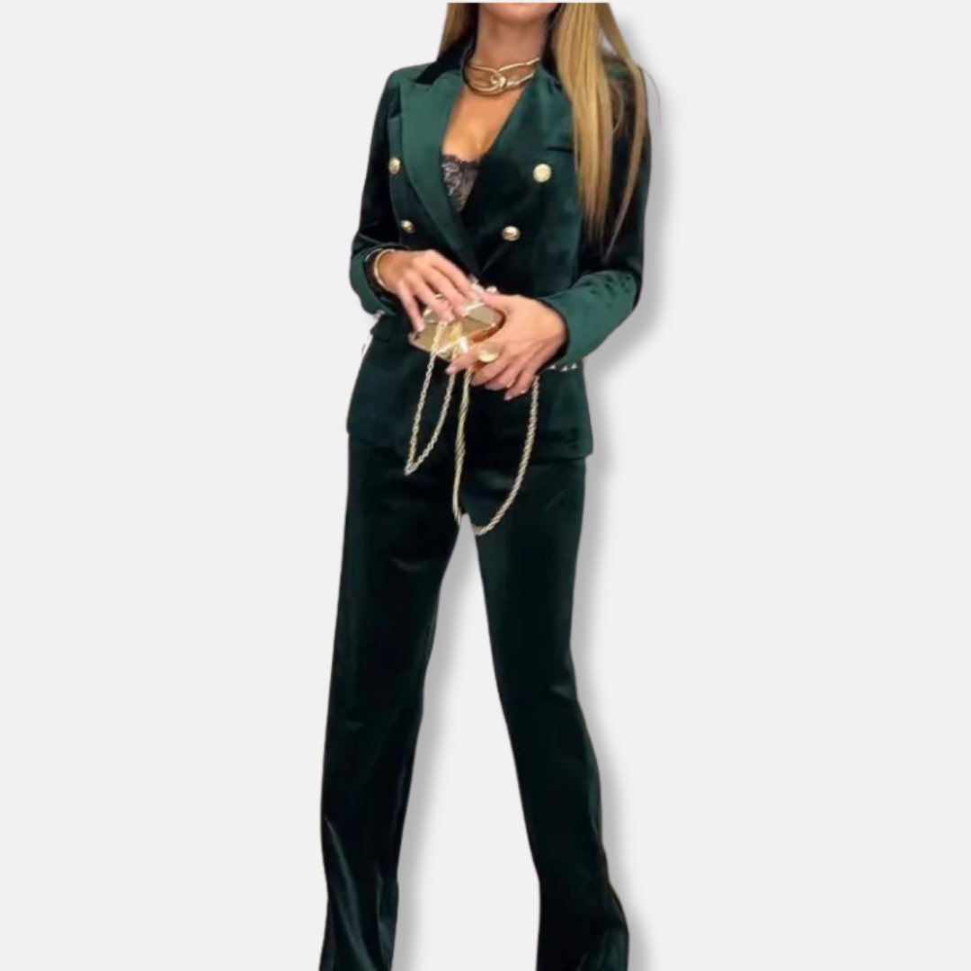 Women’s Two-Piece Set - Velvet - Tailored Blazer - Wide-Leg Trousers