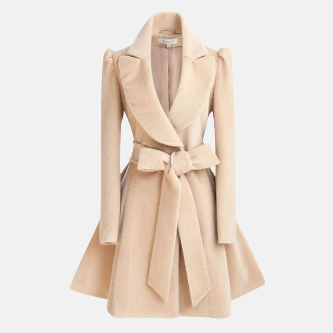 Women’s Coat – Slim Fit – Belted Waist with Bow – Wool Blend – A-Line Skirt – Long Sleeve
