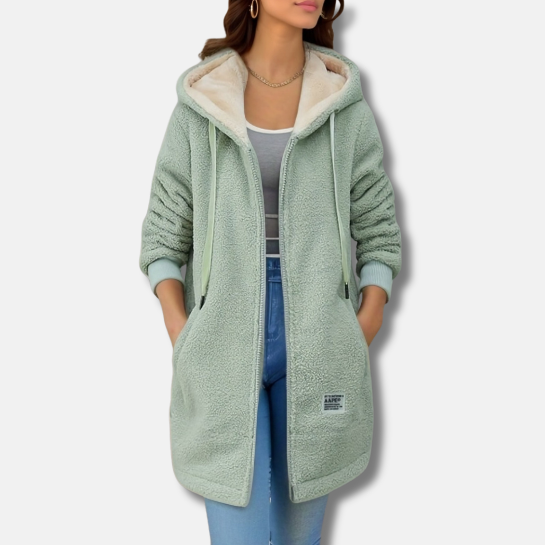 Women’s Hooded Jacket – Plush Lambskin Feel – Oversized Fit – Zipper Front – Mid-Length