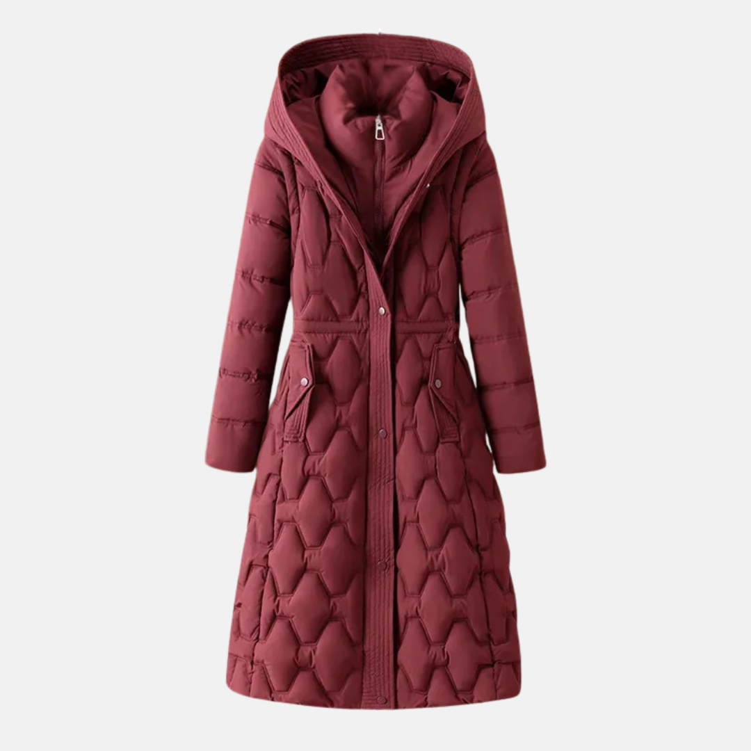 Women’s Long Quilted Jacket – Fitted Waist – Hooded – Snap Closure – Padded Insulation