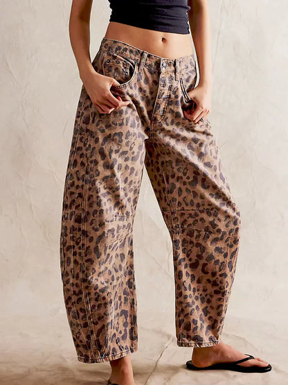 Women’s Stylish Leopard-Print Barrel Jeans | Trendy