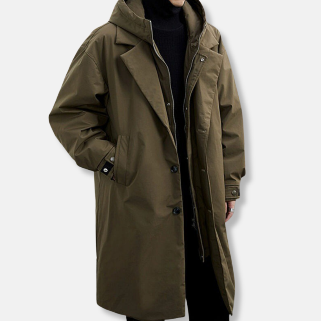 Men's Hooded Coat in Synthetic Blend, Oversized Relaxed Fit, Mid Thigh Length Winter Outerwear