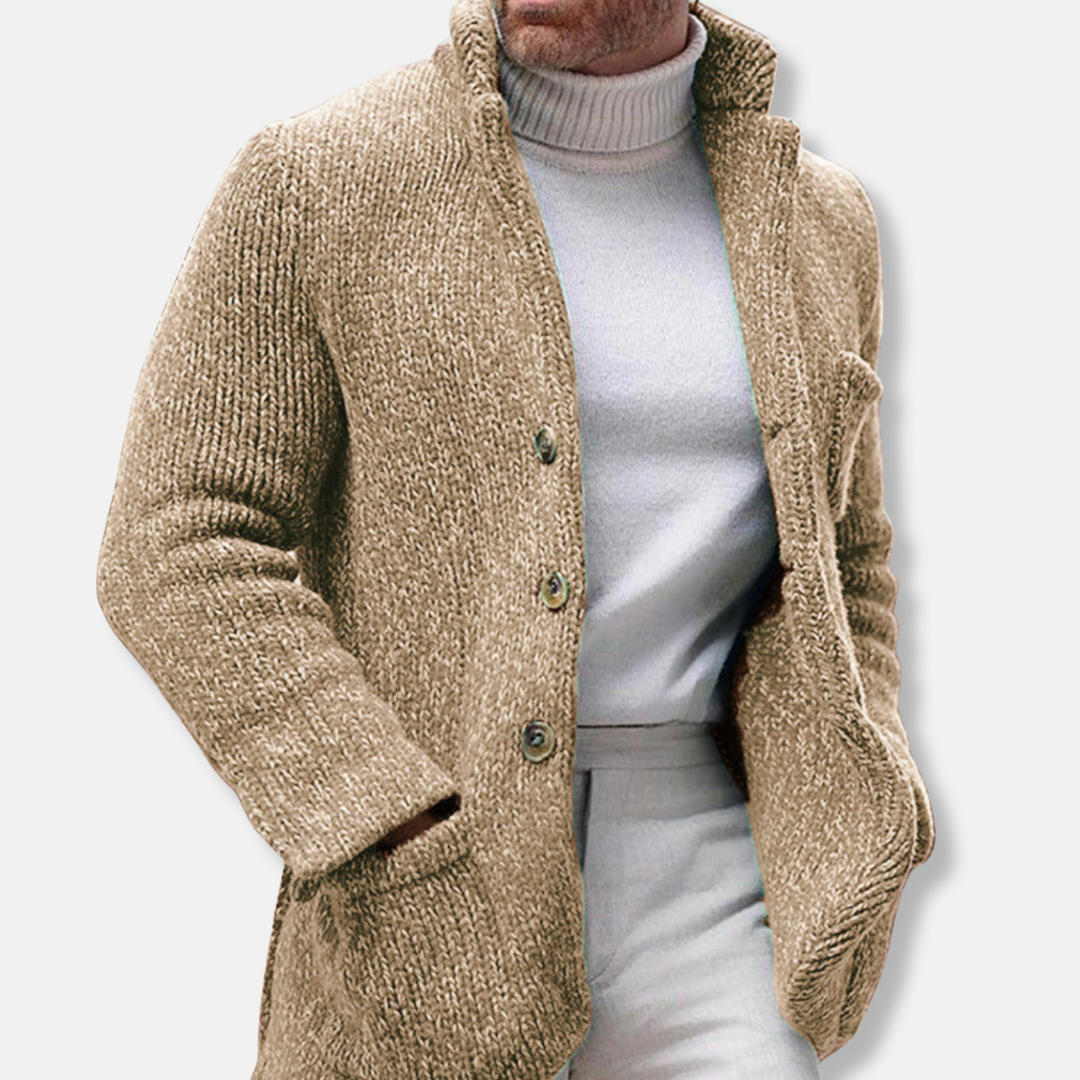 Men's Textured Knit Cardigan With Stand Collar Single Breasted And Patch Pockets For Smart Casual Wear By TrendAura