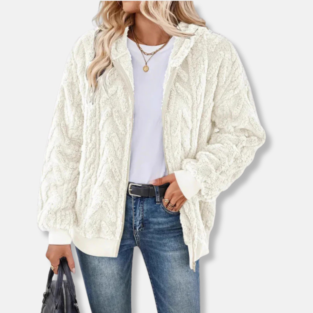 Women’s Hooded Jacket - Plush Knit - Oversized Relaxed Fit - Full-Zip - Ribbed Cuffs