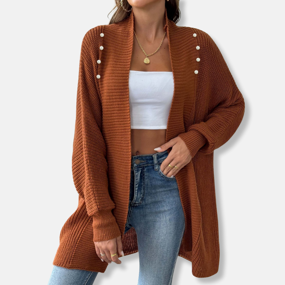 Women’s Cardigan - Acrylic Knit - Longline - Shawl Collar - Pearl Buttons