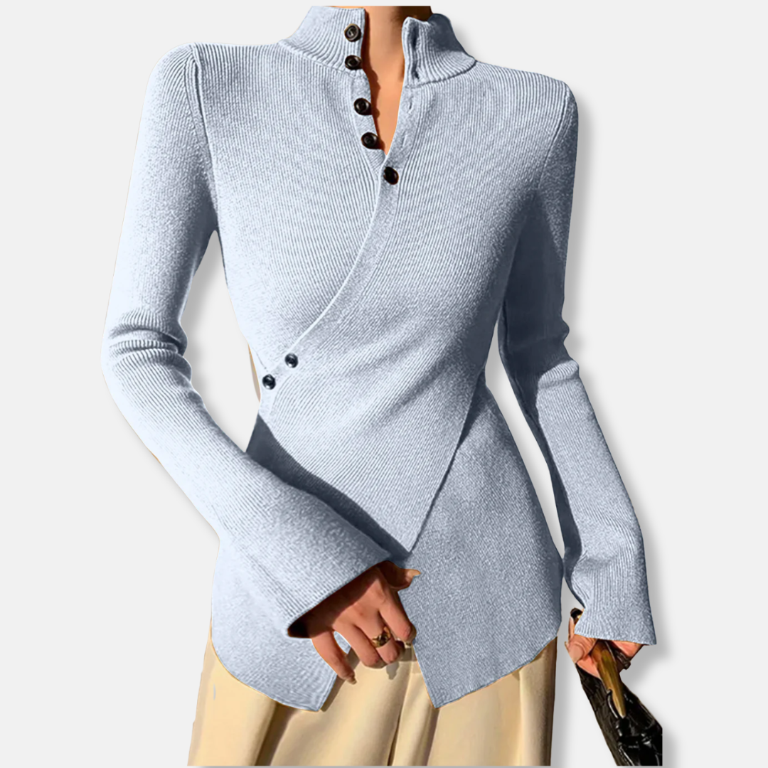 Women's Knit Sweater – Slim Fit – High Neck – Asymmetric Hem – Button Details – Long Sleeves