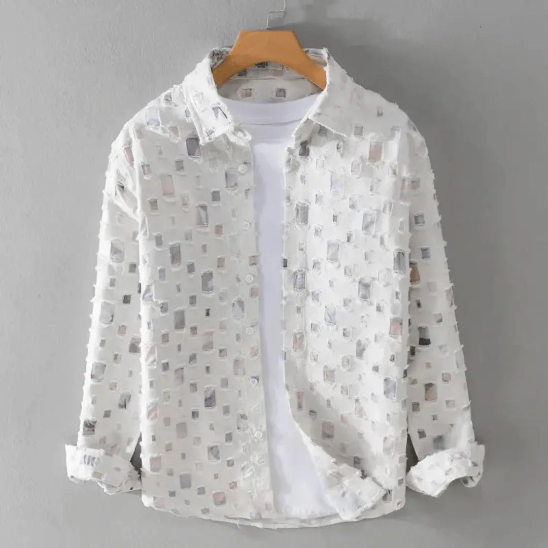 Alessandro Patchwork Frayed Denim Shirt For Modern Casual Wear Edition By TrendAura