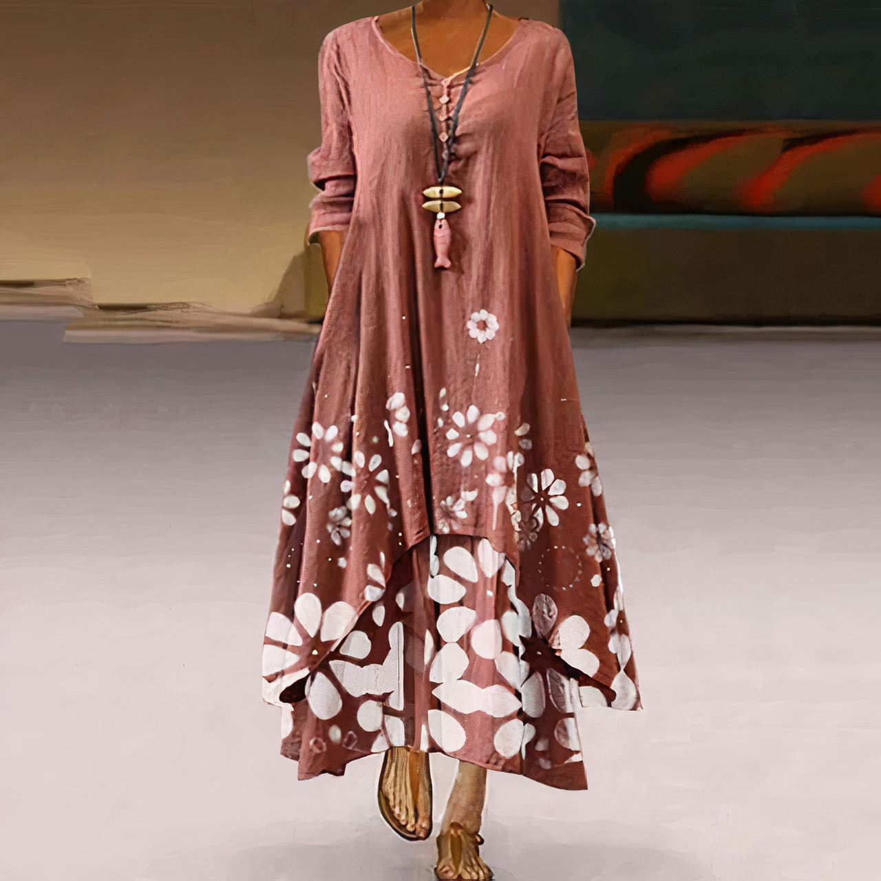 Mica Elegant Cotton Dress For Women With Pockets, Vintage Round Neckline, Long Sleeves