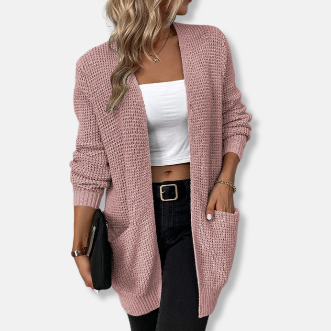 Women’s Cardigan – Relaxed Fit – Knitted Waffle Texture – Open Front – Patch Pockets