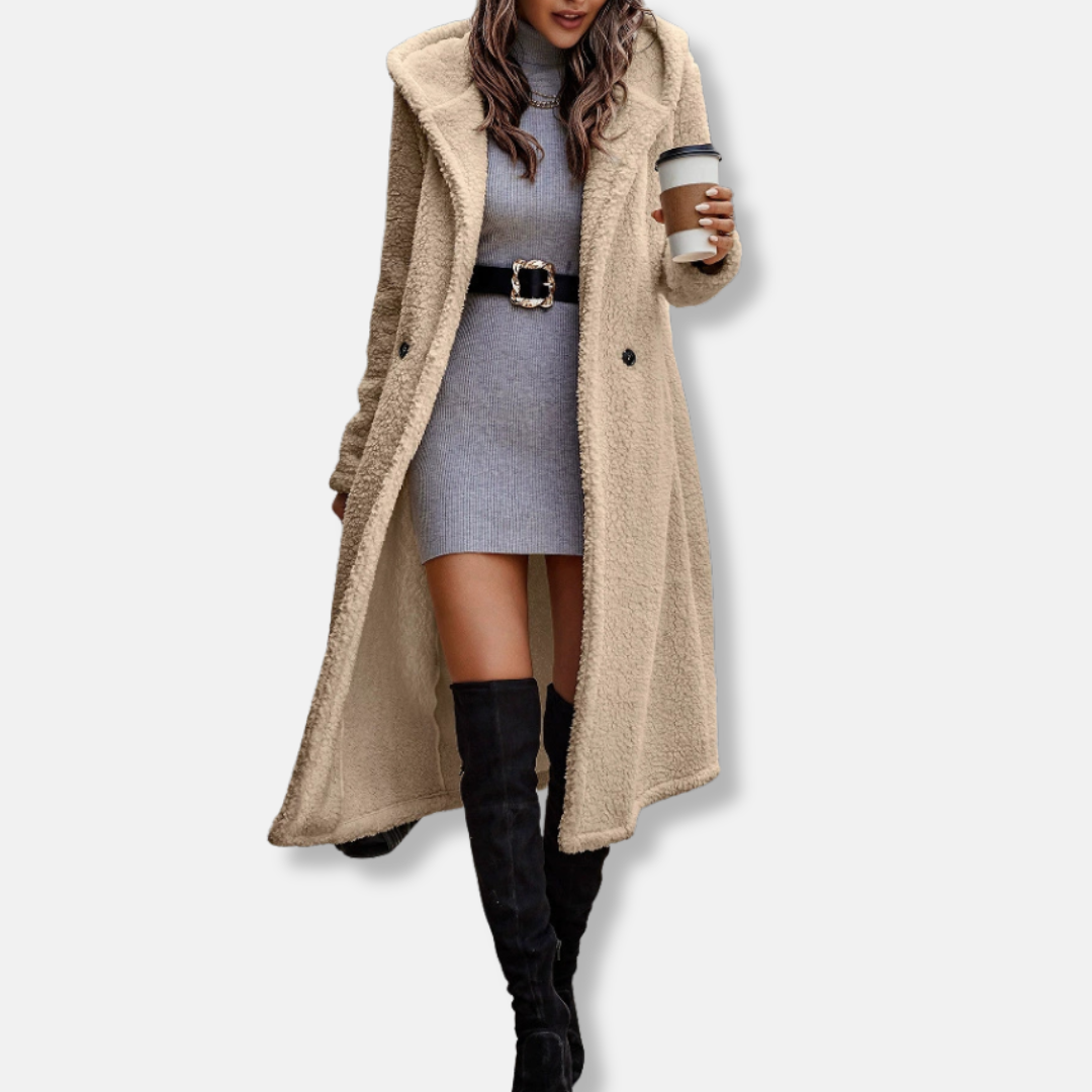 Women’s Long Coat – Plush Soft Texture – Relaxed Fit – Hooded – Notched Lapel