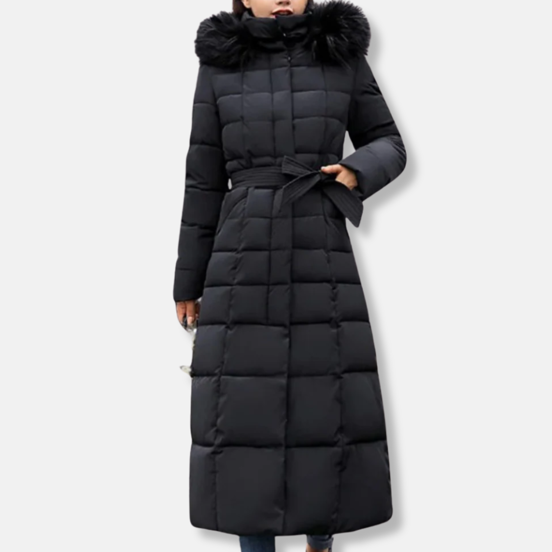 Women’s Quilted Coat – Belted Waist – Fur Hood – Long Insulated Slim Fit