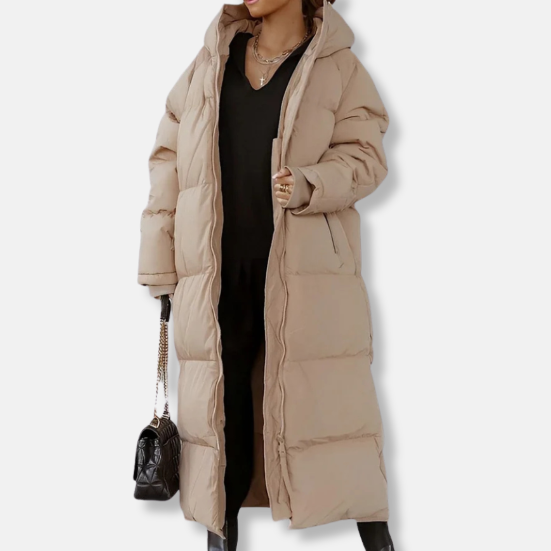 Women’s Long Coat – Oversized Fit – Quilted Padded Hooded – Full Length Zip Closure