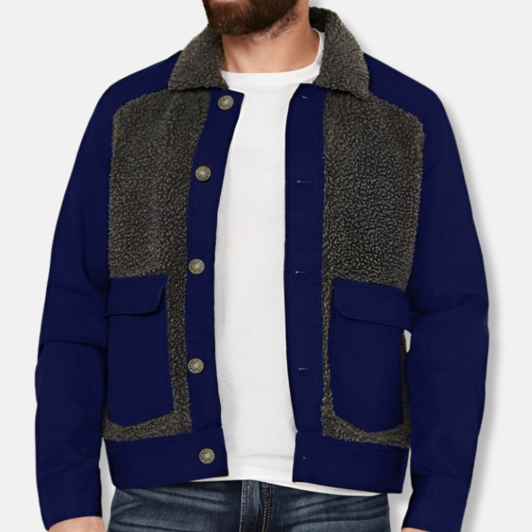 TrendAura Men's Patchwork Sherpa Collar Coat With Plush Warmth, Regular Fit, Waist Length, Button Up