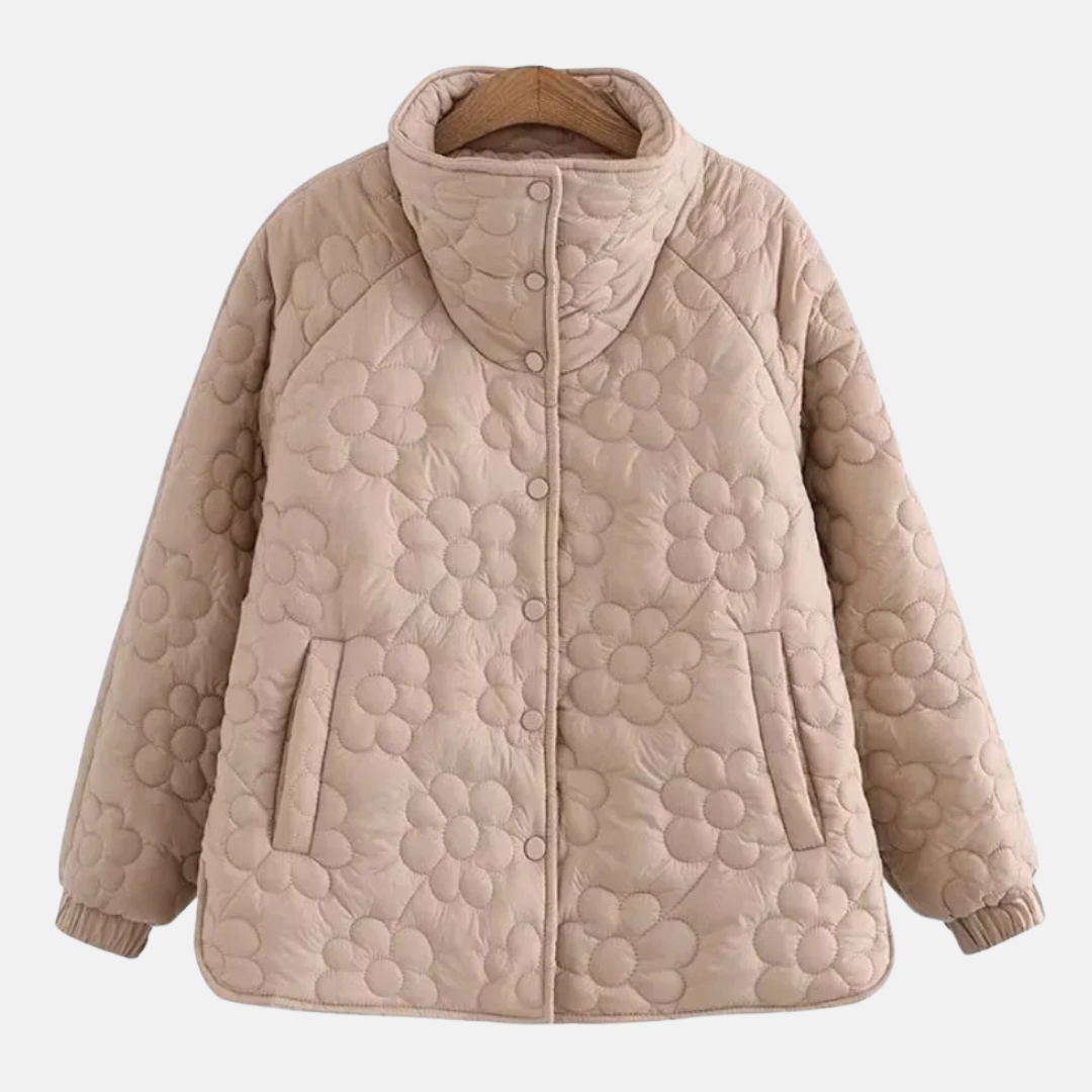 Women’s Jacket - Quilted Floral Pattern - Relaxed Fit - Hip Length - Stand Collar