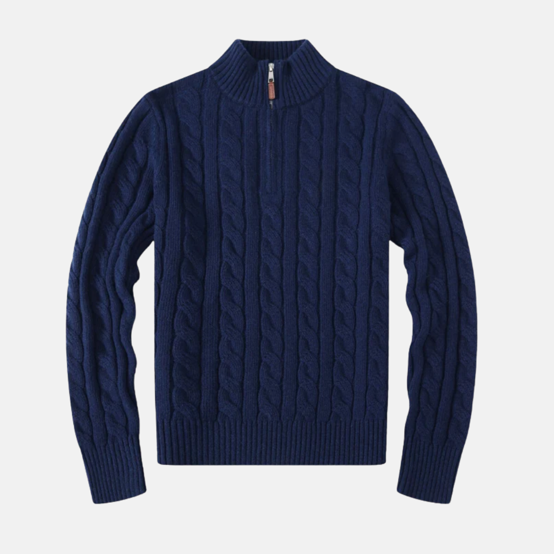 Men's Cable Knit Cotton Blend Half Zip Sweater With Stand Up Collar Regular Fit Essential