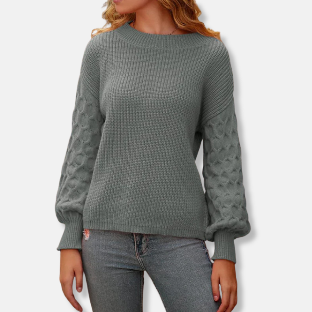 Women’s Pullover Sweatshirt - Knit - Relaxed Fit - Round Neck - Balloon Sleeves
